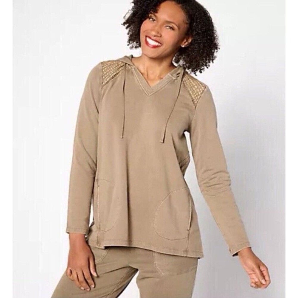 LOGO Life by Lori Goldstein French Brown Pullover Hoodie With Pintuck Medium